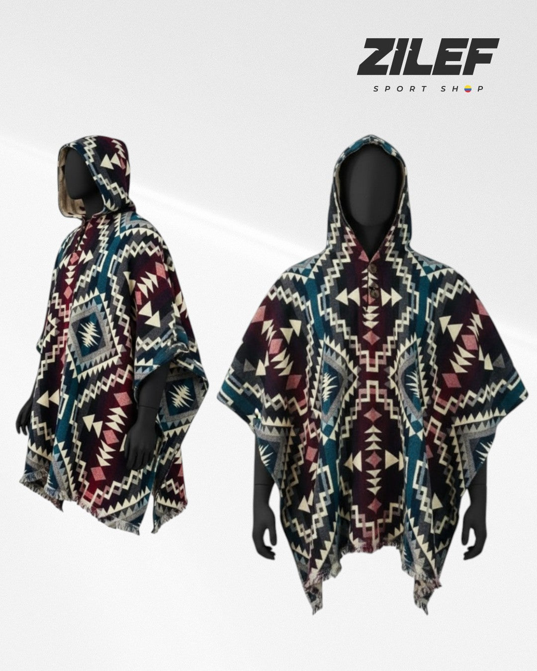 GEOMETRIC ETHNIC HOODED PONCHO