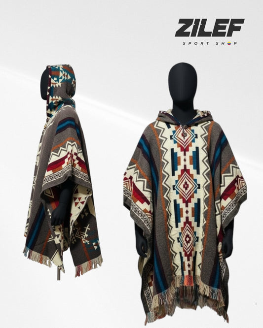 TRIBAL HOODED RUANA WITH EARTH TONES