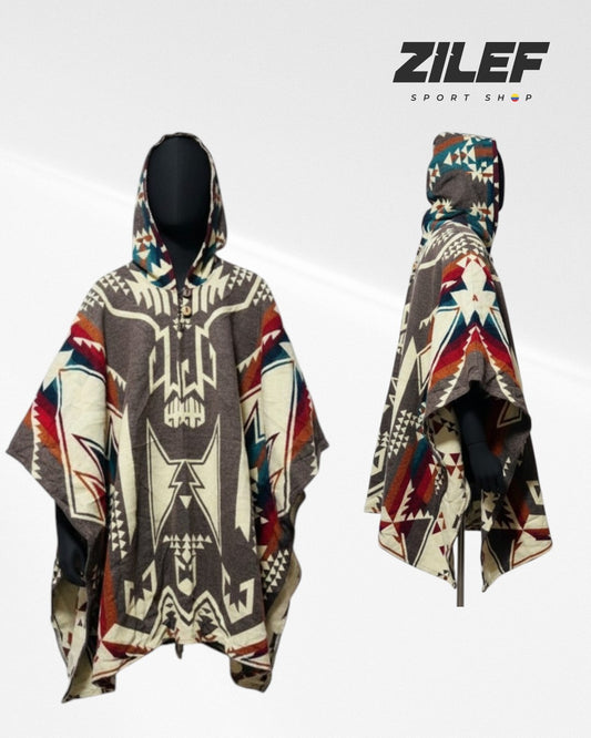 HOODED TRIBAL RUANA WITH AZTEC-INSPIRED PATTERNS