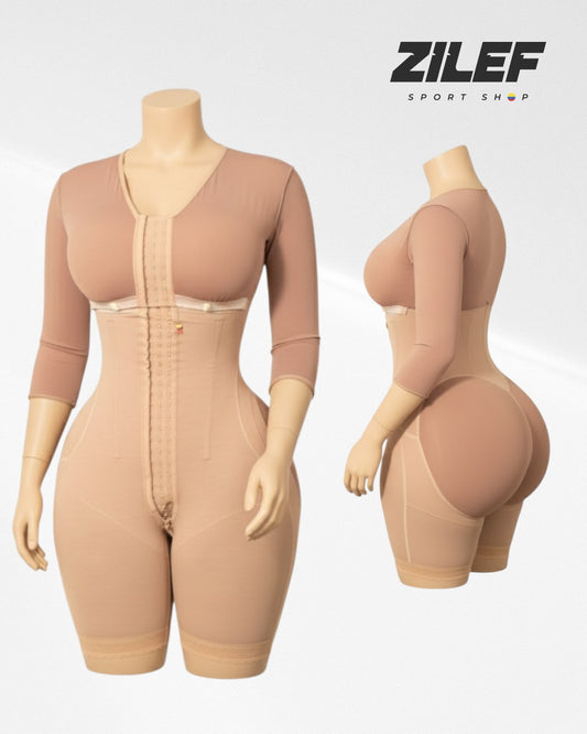 Faja moldeadora de cuerpo completo con diseño de reloj de arena: mangas 3/4 y piernas