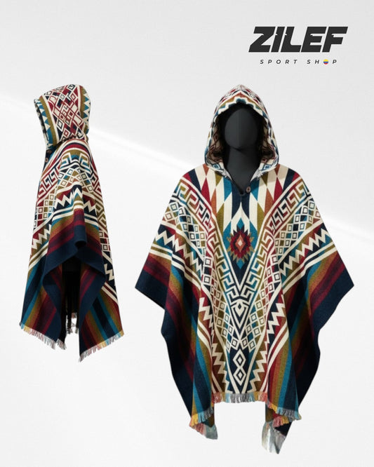 GEOMETRIC TRIBAL PONCHO WITH HOOD