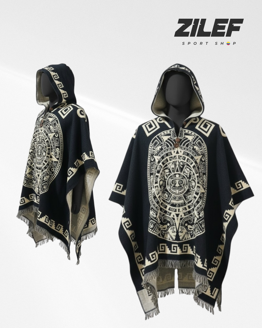 AZTEC CALENDAR HOODED PONCHO