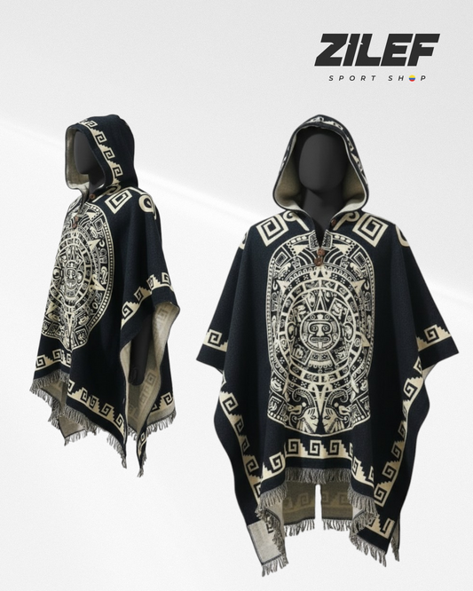 AZTEC CALENDAR HOODED PONCHO